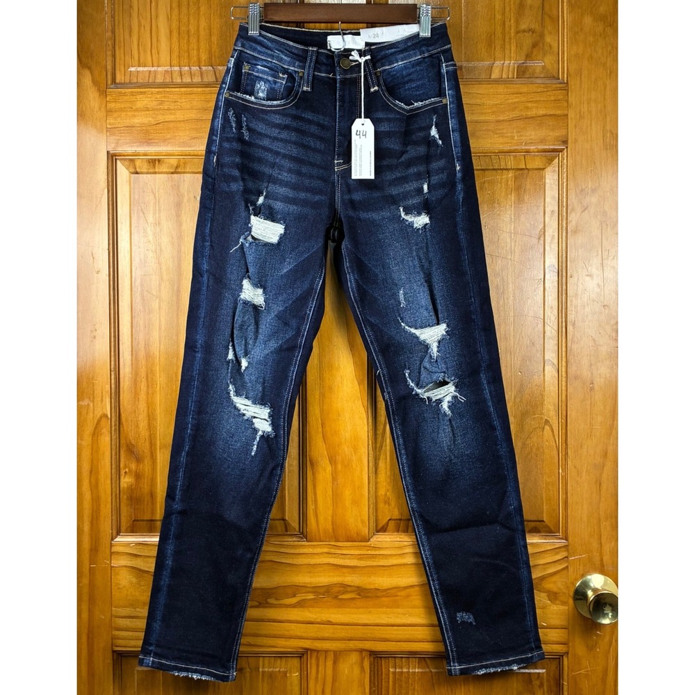 Petra 153 Womens High Rise Distressed Skinny Jeans Dark Wash Raw Hem Size 1/24